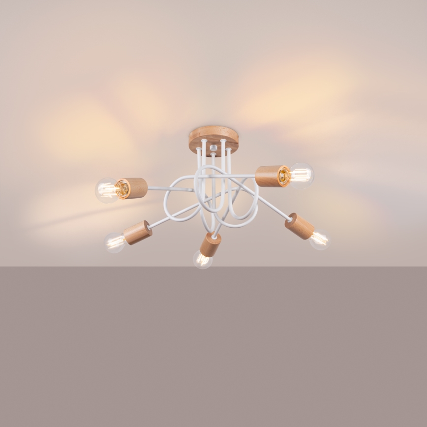 Tvirtinamas sietynas EMBER 5xE27/15W/230V balta/smėlio spalva/bukas