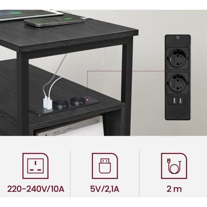 Šoninis staliukas ROD su integruotais maitinimo lizdais ir USB prievadais, juodas