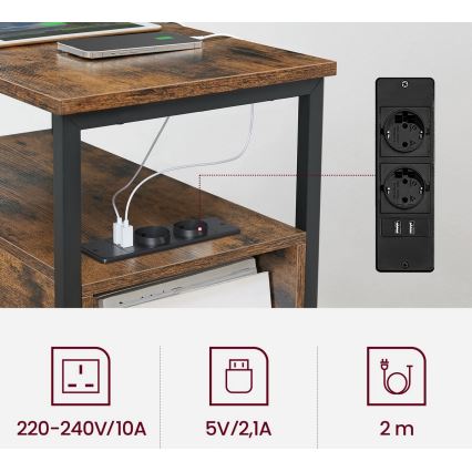 Šoninis staliukas su įmontuotomis elektros rozetėmis ir USB jungtimis ROD ruda/juoda