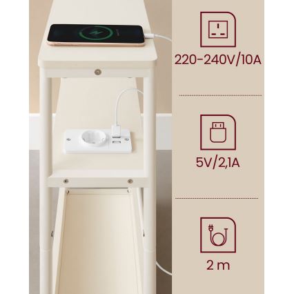 Šoninis staliukas su integruotu elektros lizdu ir USB prievadais ROD baltas/kreminis