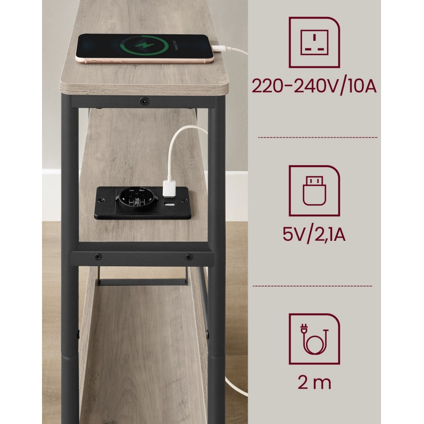 Šoninis staliukas su integruotu elektros lizdu ir USB prievadais ROD rudas/juodas