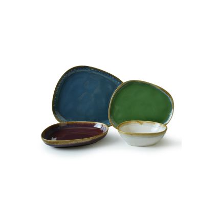 Spalvingas 24 dalių stalo indų rinkinys, pagamintas iš akmens masės