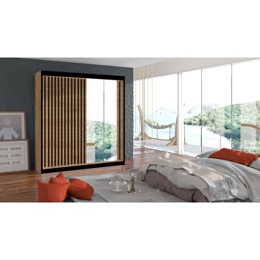 Spinta su veidrodžiu SANTINO 203x215 cm ąžuolas craft/juoda