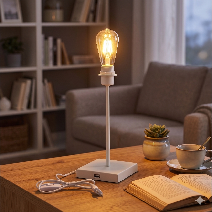 Stalinė lempa su USB jungtimi 1xE27/15W/230V balta
