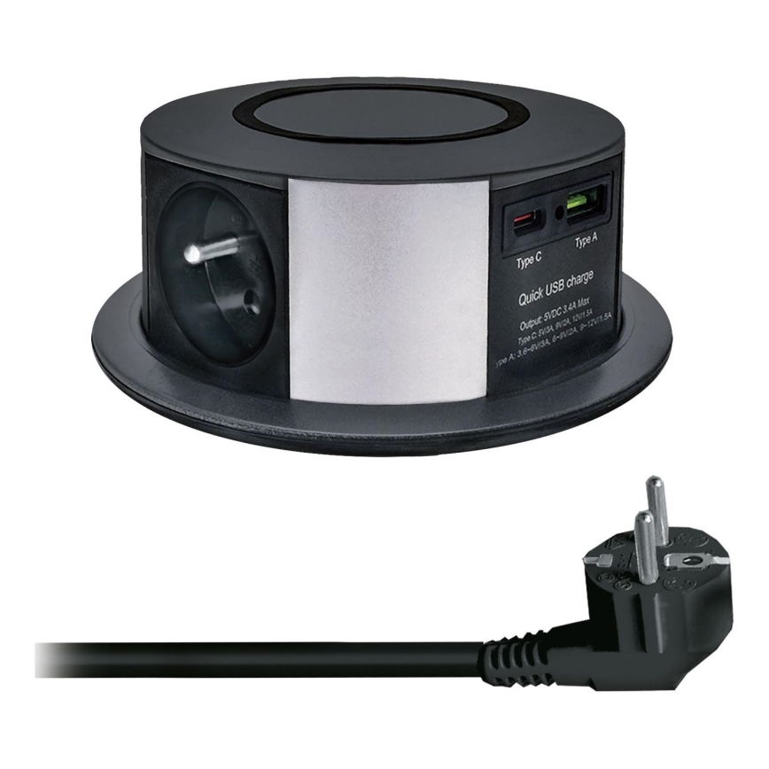 Stalviršio lizdo kolonėlė su Qi belaidžiu įkrovimu 3x230V + 1xUSB-A + 1xUSB-C juoda/sidabras