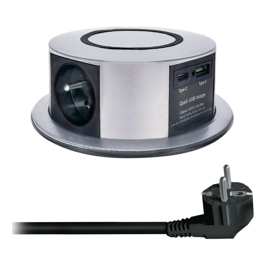 Stalviršio lizdo kolonėlė su Qi belaidžiu įkrovimu 3x230V + 1xUSB-A + 1xUSB-C sidabras/juoda