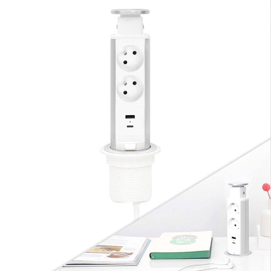 Stalviršiui skirtas lizdų stulpelis 2×230 V + USB-A + USB-C