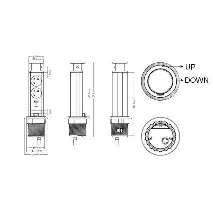 Stalviršiui skirtas lizdų stulpelis 2×230 V + USB-A + USB-C