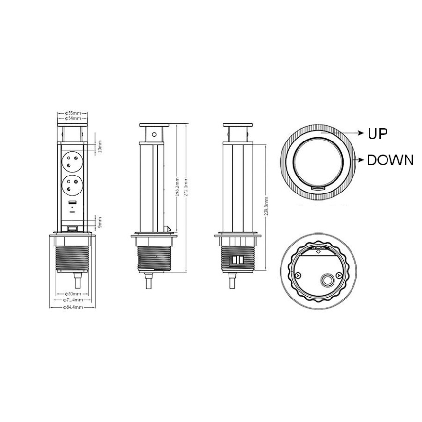 Stalviršiui skirtas lizdų stulpelis 2×230 V + USB-A + USB-C