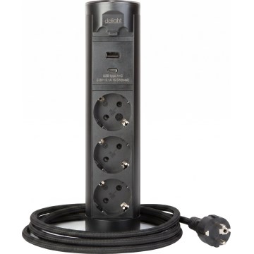 Stalviršiui skirtas lizdų stulpelis 3x230V + USB-A + USB-C, juodas
