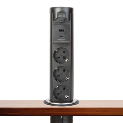Stalviršiui skirtas lizdų stulpelis 3x230V + USB-A + USB-C, juodas
