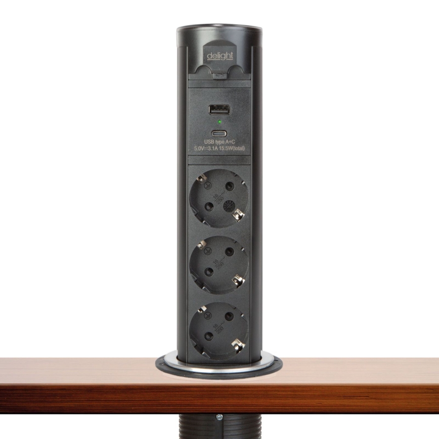Stalviršiui skirtas lizdų stulpelis 3x230V + USB-A + USB-C, juodas
