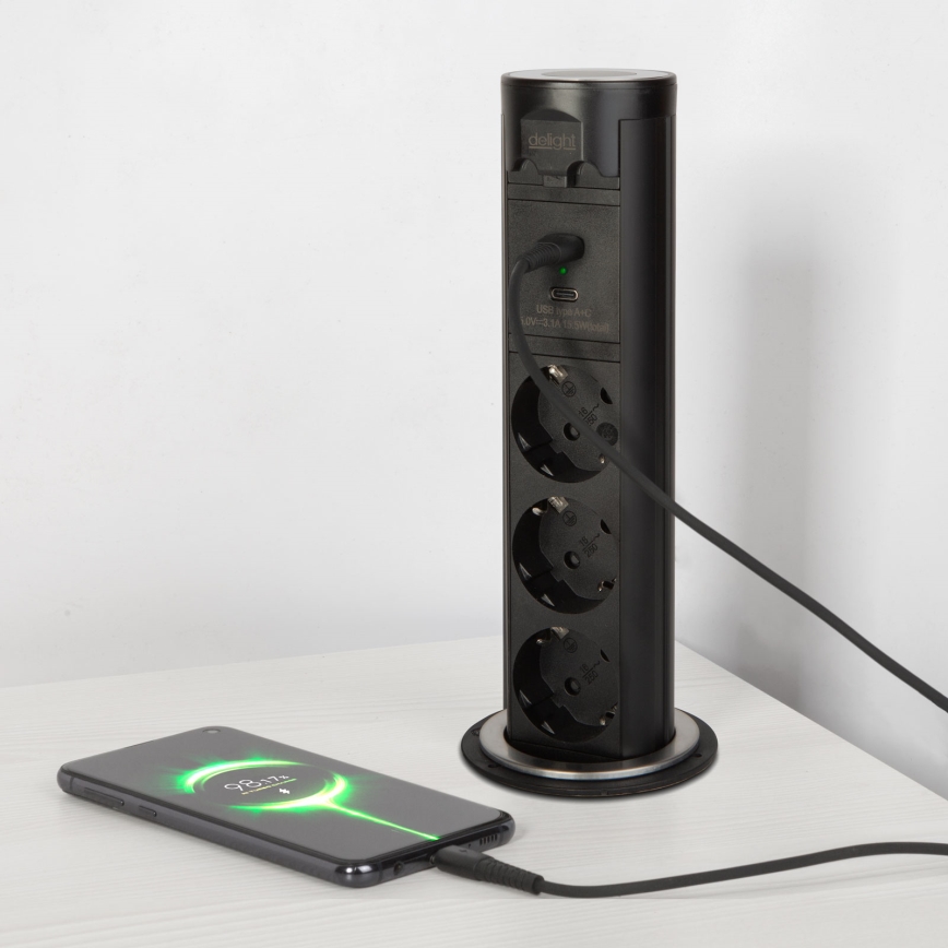Stalviršiui skirtas lizdų stulpelis 3x230V + USB-A + USB-C, juodas