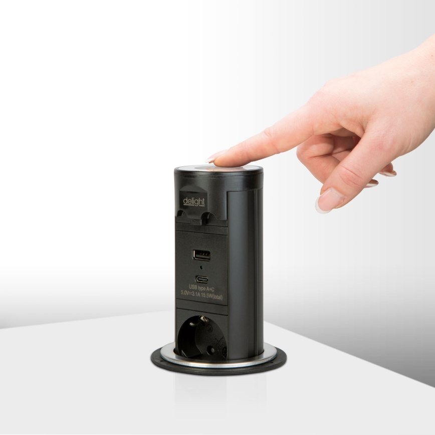 Stalviršiui skirtas lizdų stulpelis 3x230V + USB-A + USB-C, juodas