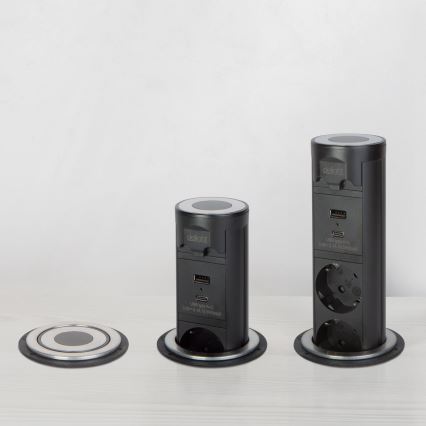 Stalviršiui skirtas lizdų stulpelis 3x230V + USB-A + USB-C, juodas