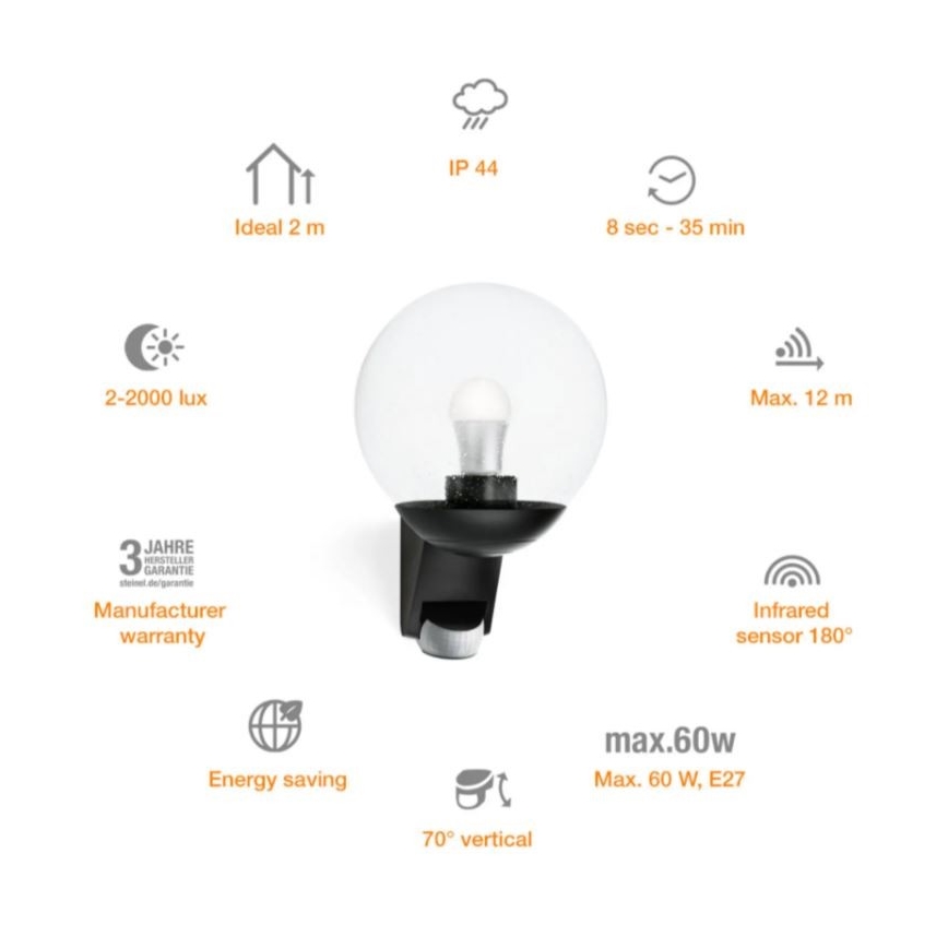 STEINEL 005535 - Lauko sieninis šviestuvas su jutikliu L585S 1xE27/60W juodas IP44