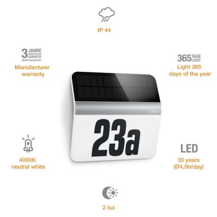STEINEL 007140 - Saulės energija įkraunamas LED namo numeris XSolar LH-N LED/0,03W nerūdijantis IP44 2500 mAh
