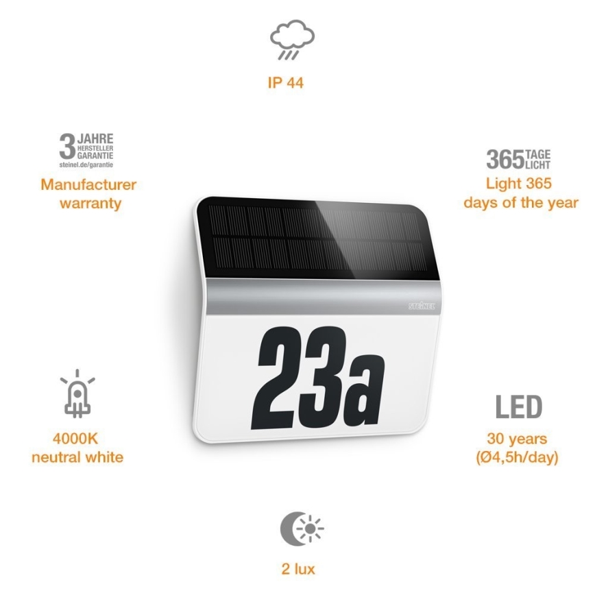 STEINEL 007140 - Saulės energija įkraunamas LED namo numeris XSolar LH-N LED/0,03W nerūdijantis IP44 2500 mAh
