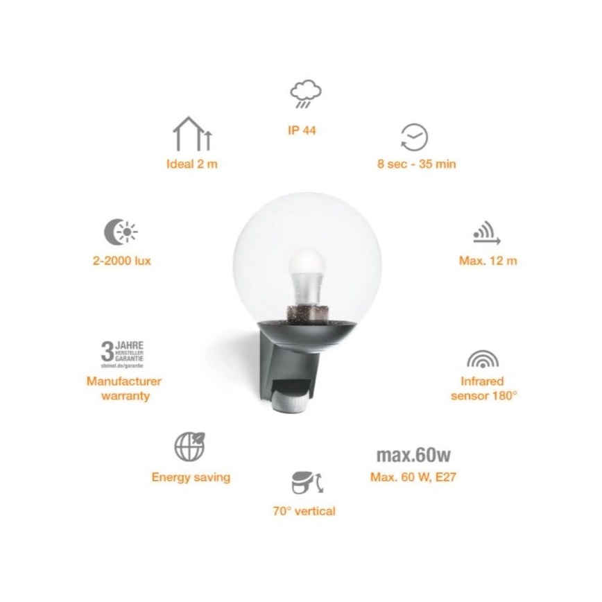 Steinel 035723 - Sieninis lauko šviestuvas su jutikliu L585S 1xE27/60W/230V