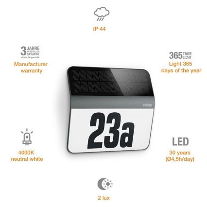 STEINEL 035730 - Saulės energija įkraunamas LED namo numeris XSolar LH-N LED/0,03W IP44 2500 mAh