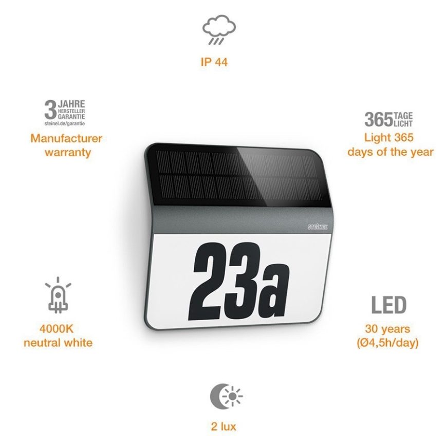 STEINEL 035730 - Saulės energija įkraunamas LED namo numeris XSolar LH-N LED/0,03W IP44 2500 mAh