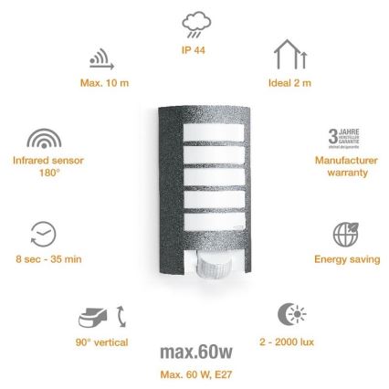 STEINEL 657819 - Lauko šviestuvas su judesio jutikliu L12 1xE27/60W/230V