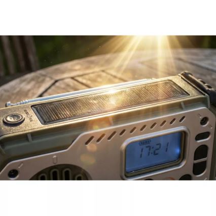 Stovyklavimo radijas su rankiniu generatoriumi, saulės moduliu ir LED žibintu su powerbank funkcija 5V/3xAAA/2000 mAh IPX4 žalia