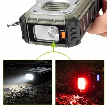 Stovyklavimo radijas su rankiniu generatoriumi, saulės moduliu ir LED žibintu su powerbank funkcija 5V/3xAAA/2000 mAh IPX4 žalia