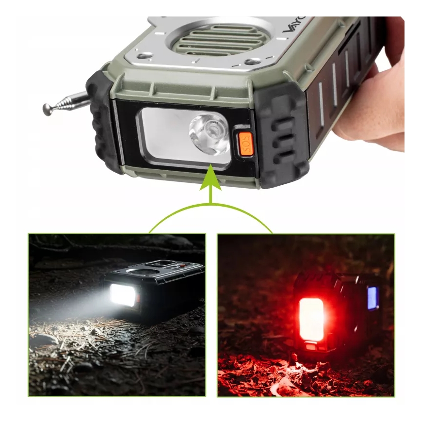 Stovyklavimo radijas su rankiniu generatoriumi, saulės moduliu ir LED žibintu su powerbank funkcija 5V/3xAAA/2000 mAh IPX4 žalia