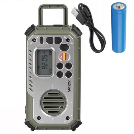 Stovyklavimo radijas su rankiniu generatoriumi, saulės moduliu ir LED žibintu su powerbank funkcija 5V/3xAAA/2000 mAh IPX4 žalia