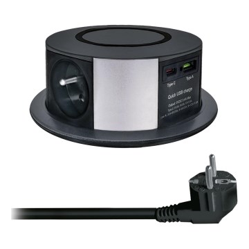Stulpelis su lizdais stalviršiui su belaidžiu Qi įkrovimu 3x230V + 1xUSB-A + 1xUSB-C juoda/sidabrinė
