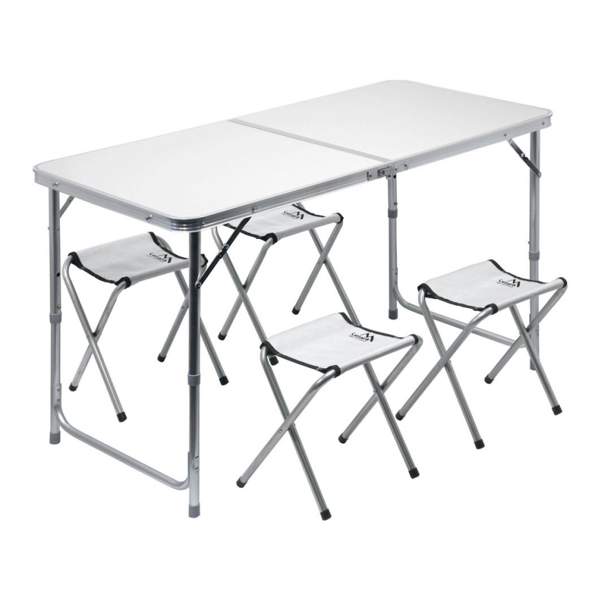 Sulankstomas stovyklavimo stalas + 4x kėdė balta/matinis chromas