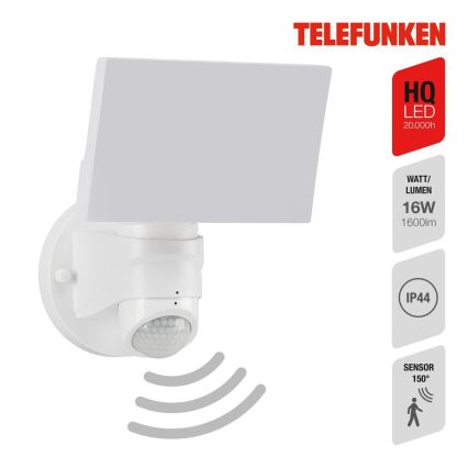 Telefunken 304306TF - LED sieninis lauko šviestuvas su jutikliu LED/16W/230V IP44 balta