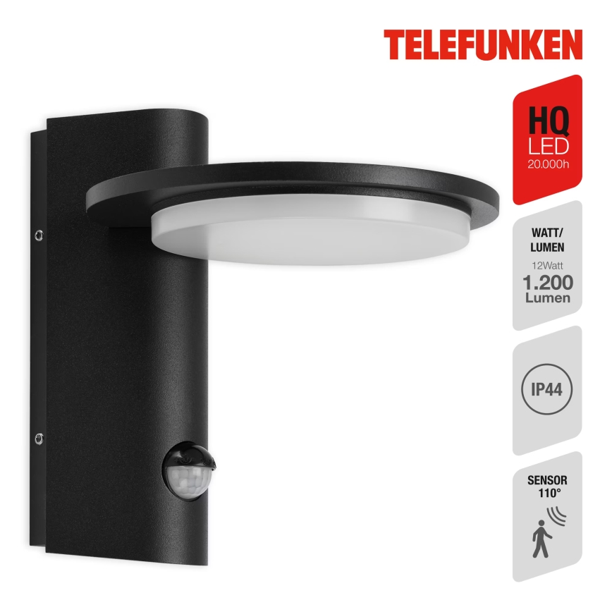Telefunken 312505TF-LED Lauko sieninis šviestuvas su jutikliu LED/10W/230V IP44 juoda