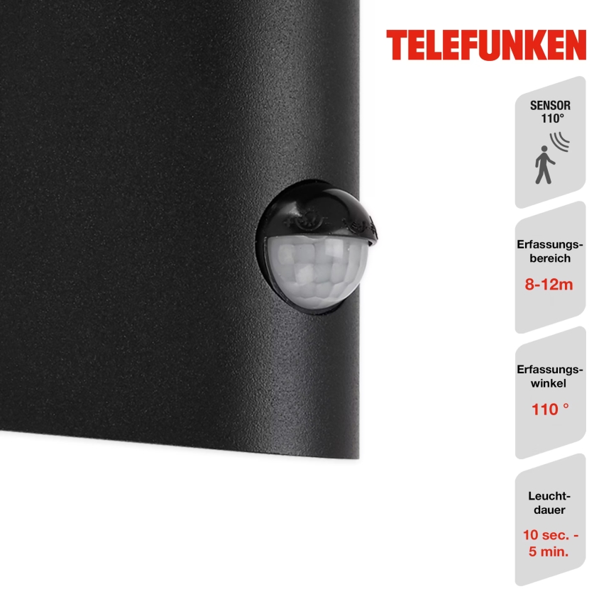 Telefunken 312505TF-LED Lauko sieninis šviestuvas su jutikliu LED/10W/230V IP44 juoda