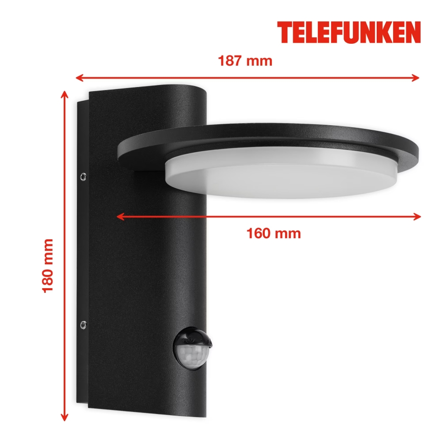 Telefunken 312505TF-LED Lauko sieninis šviestuvas su jutikliu LED/10W/230V IP44 juoda