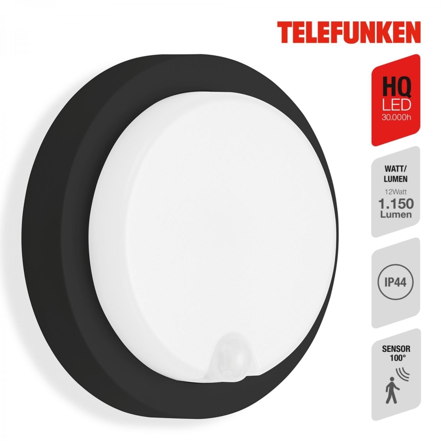 Telefunken 315305TF - LED Lauko sieninis šviestuvas su jutikliu LED/12W/230V IP44 juoda