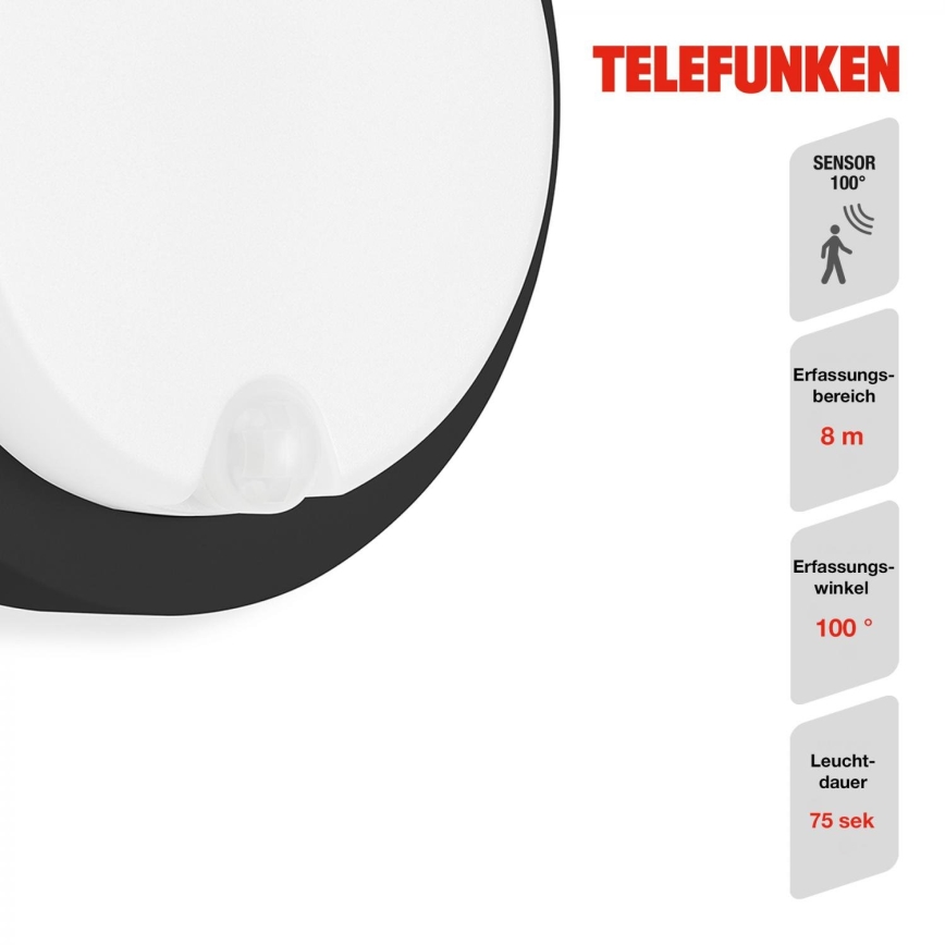 Telefunken 315305TF - LED Lauko sieninis šviestuvas su jutikliu LED/12W/230V IP44 juoda