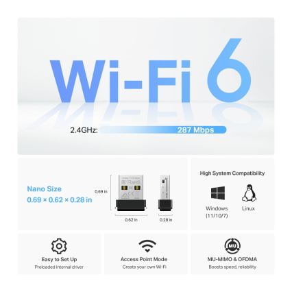 TP-Link - Belaidis Wi-Fi 6 USB nano adapteris