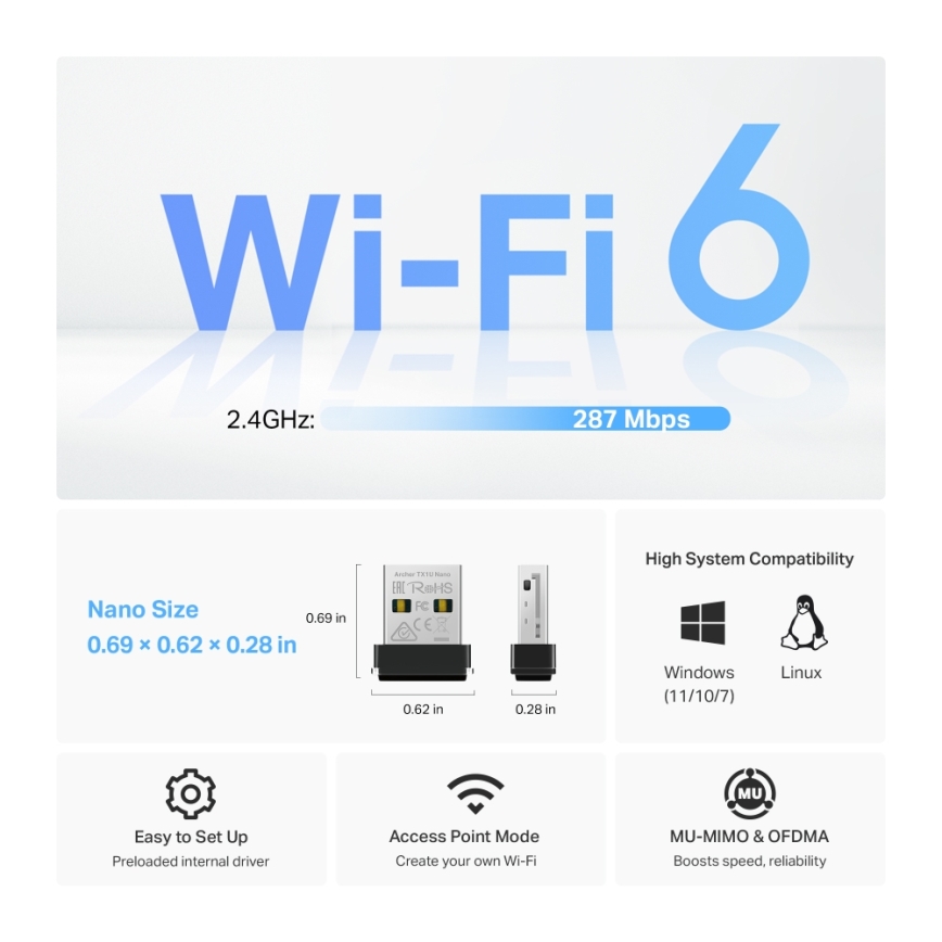 TP-Link - Belaidis Wi-Fi 6 USB nano adapteris
