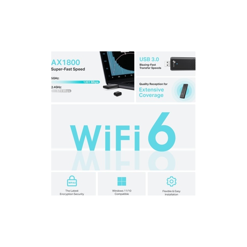 TP-Link - Dviejų juostų belaidis USB adapteris su Wi-Fi 6 Archer TX20U