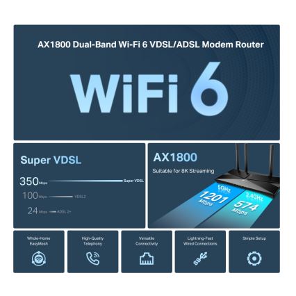 TP-Link - Dviejų juostų VDSL/ADSL modeminis maršrutizatorius su Wi-Fi 6 Archer VX1800V