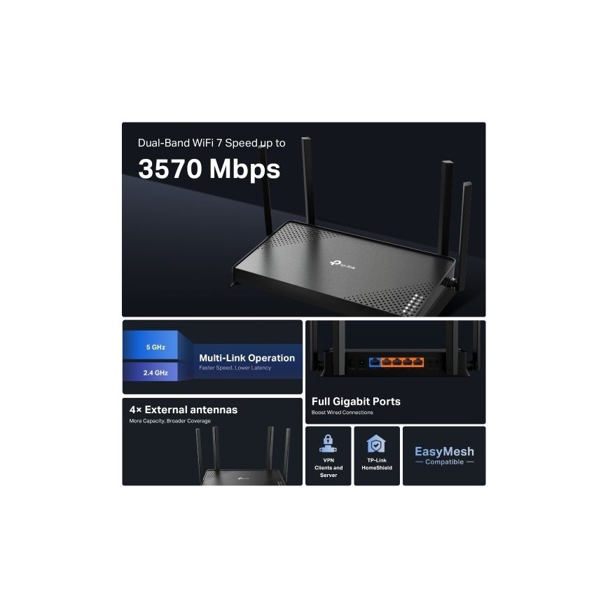 TP-Link - dviejų juostų Wi‑Fi 7 maršrutizatorius Archer BE220