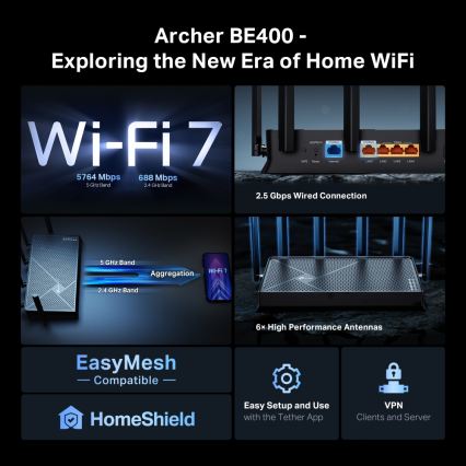 TP-Link - Dviejų juostų Wi‑Fi 7 maršrutizatorius Archer BE400