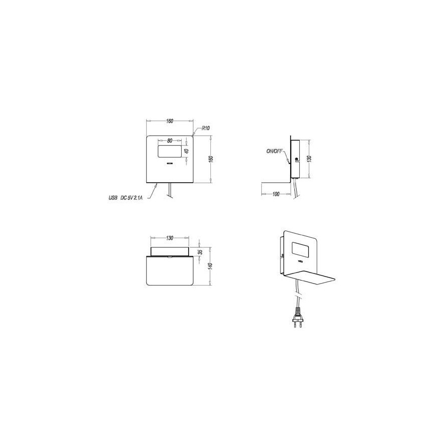 Trio - LED Sieninis šviestuvas su lentyna ALOFT LED/3W/230V + USB jungtis