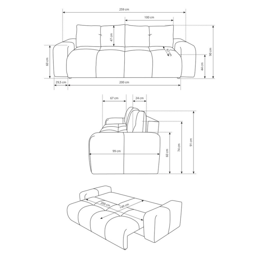 Trivietė sulankstoma sofa su apmušalais su sandėliavimo vieta ALMADA smėlio spalva