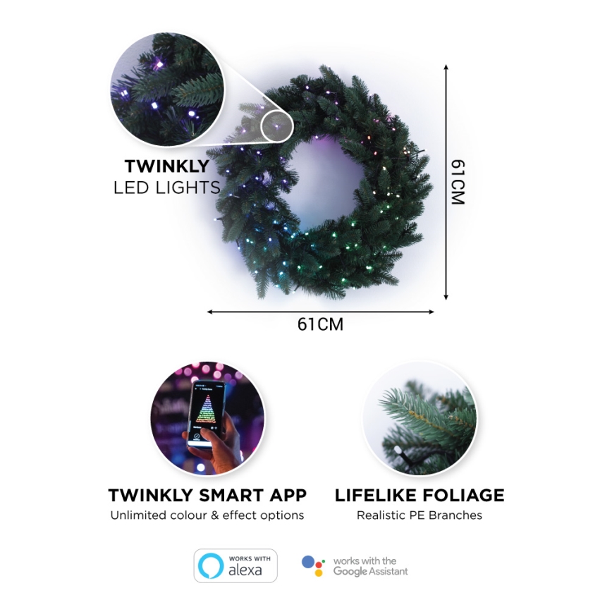 Twinkly - LED RGB šviesos reguliavimas Kalėdinis vainikas PRE-LIT WREATH 50xLED diametras 61cm Wi-Fi