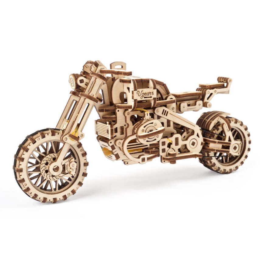 Ugears - 3D medinė mechaninė dėlionė Scrambler motorcycle Su krepšelis