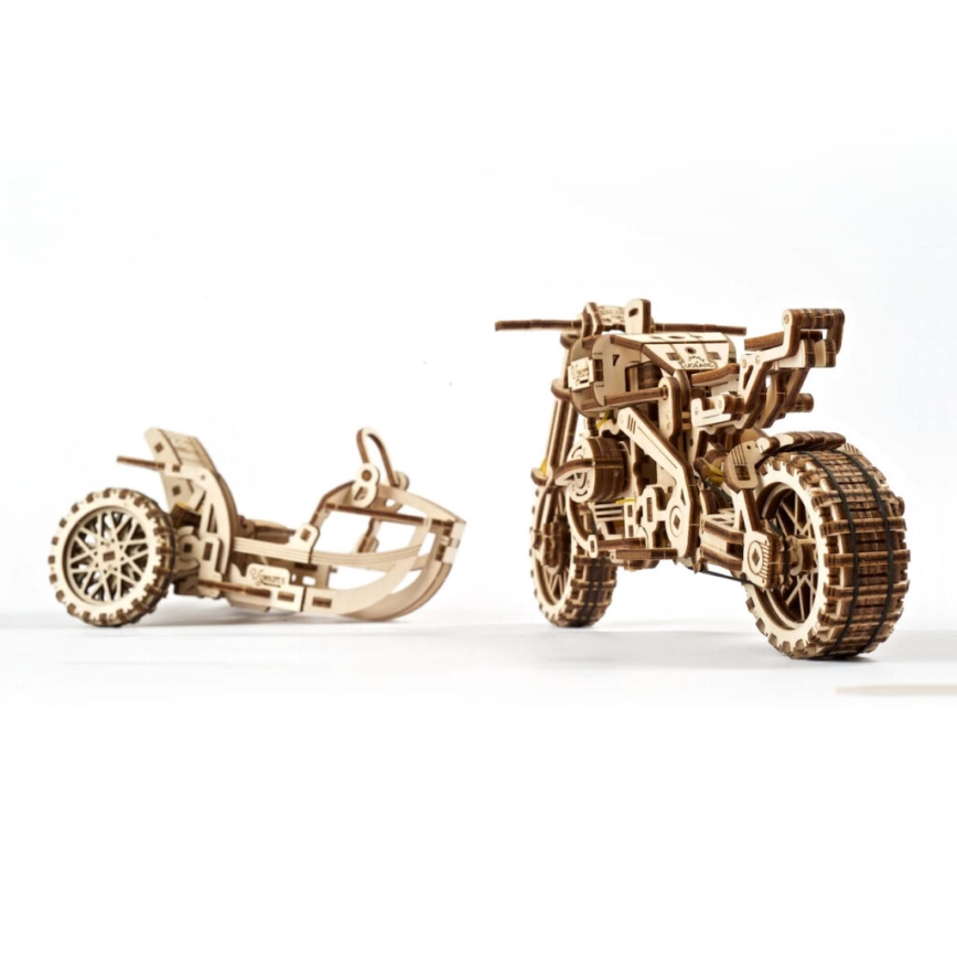 Ugears - 3D medinė mechaninė dėlionė Scrambler motorcycle Su krepšelis