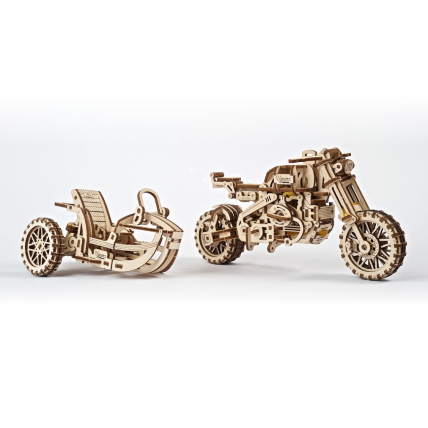 Ugears - 3D medinė mechaninė dėlionė Scrambler motorcycle Su krepšelis